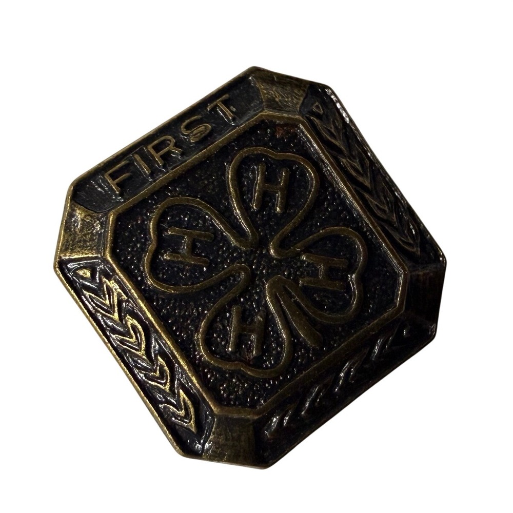 Vintage 4-H First Place Award Pin Bronze Tone Clover Emblem Lapel Pin